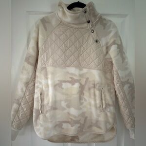 Abercrombie & Fitch asymmetrical snap-up fleece in a white/tan camouflage print.